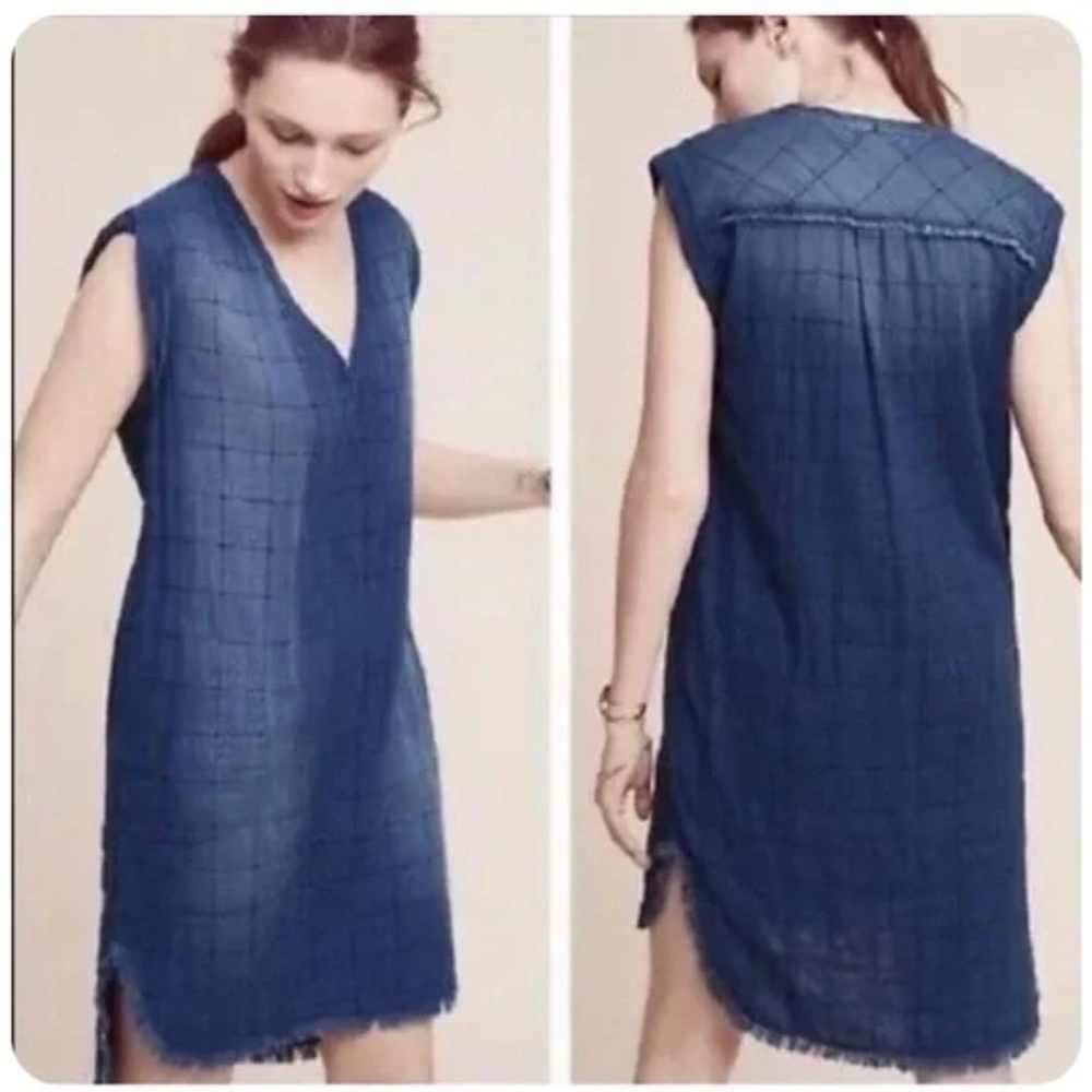 Cloth & Stone indigo sashiko stitched quilted dress with raw hem